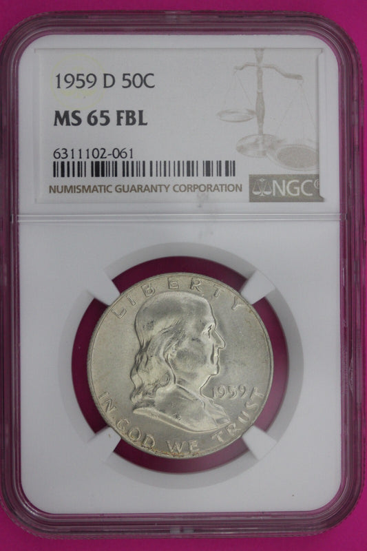 1959 D MS 65 Full Bell Lines Ben Franklin Silver Half Dollar NGC FBL Slab 1176