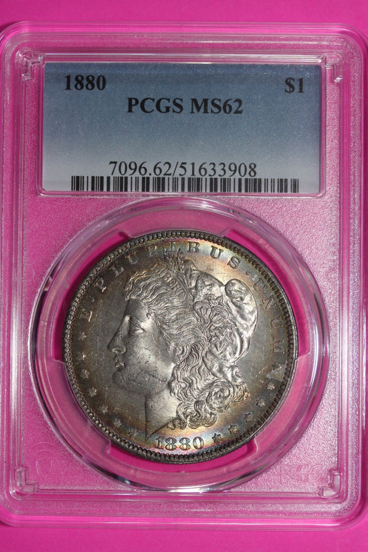 Rainbow Toned 1880 P MS 62 Liberty Morgan Silver Dollar PCGS Certified Slab 766