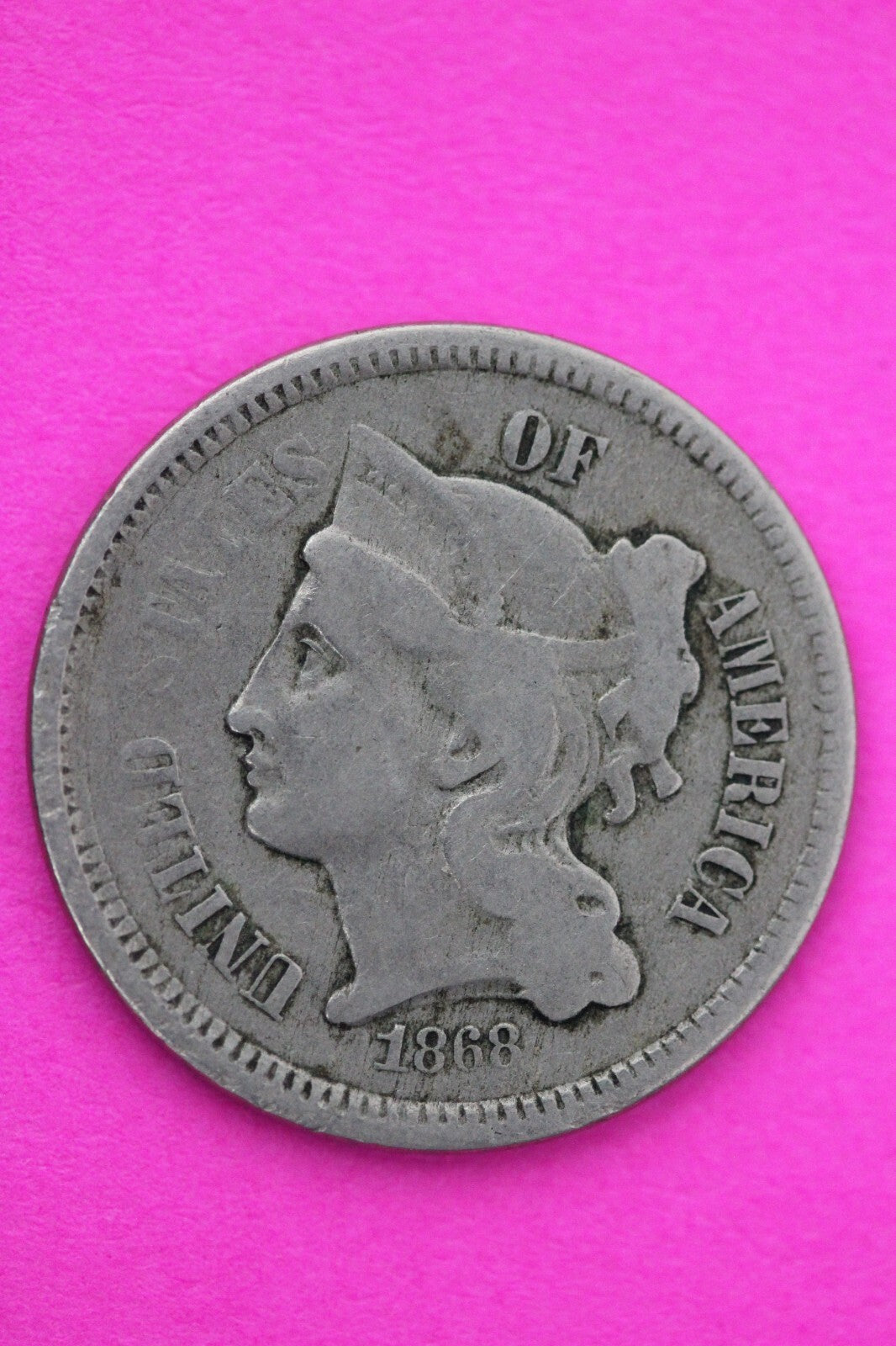 1868 Three 3 Cent Nickel Scarce Semi Key Date Type Coin Philadelphia Mint 67