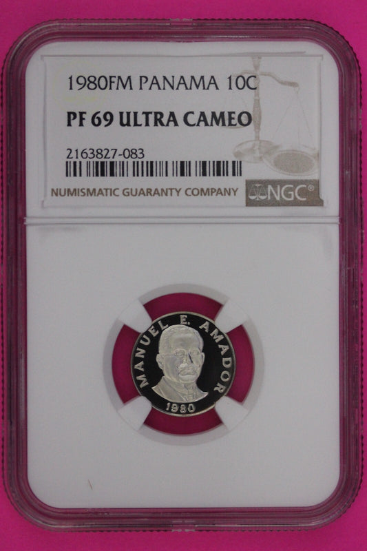 1980 Panama PF 69 Ultra Cameo Proof 10 Centesimos NGC Certified Graded Slab 871