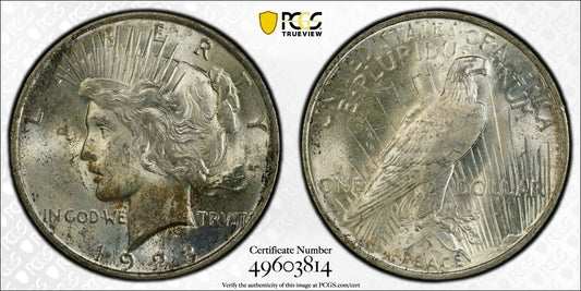Toned 1923 P MS 62 Peace Silver Dollar PCGS Graded Certified Authentic Slab 65