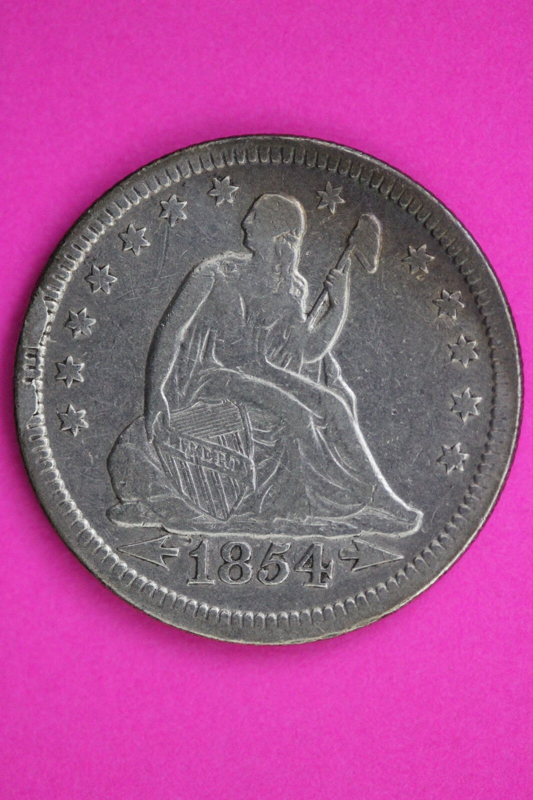 1854 P Seated Liberty Silver Quarter Mint Errors OBV Rim Cuds Genuine Coin 0568N