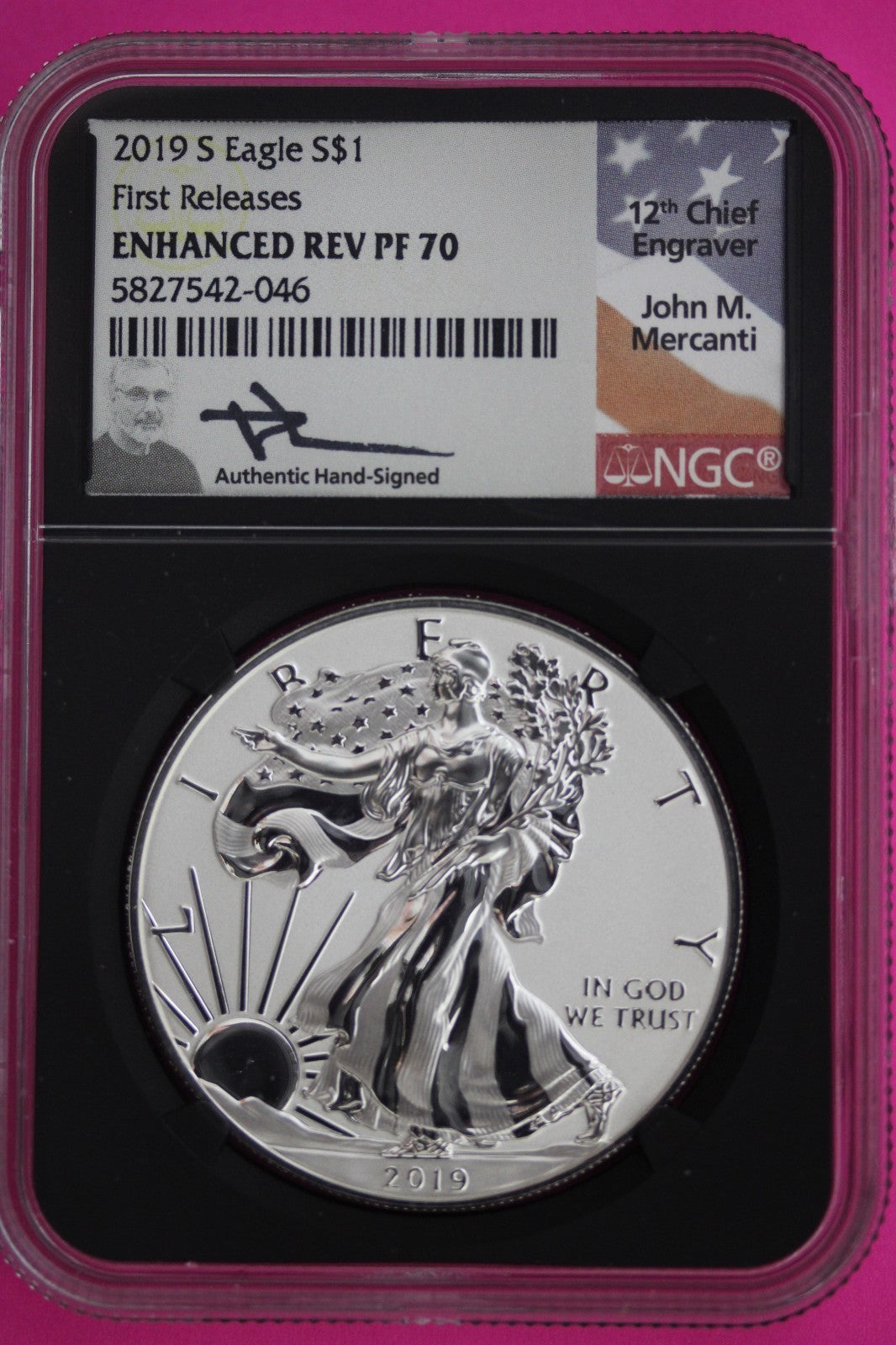 2019 S PF 70 Silver Eagle Enhanced Reverse Proof Mercanti Hand Signed FR NGC 444