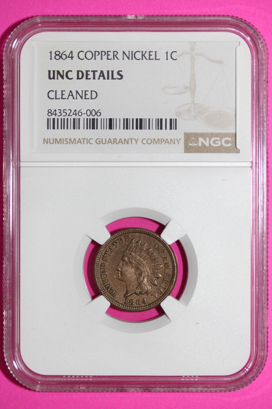 1864 CN Indian Head Cent Penny UNC Details NGC Cleaned Certified Authentic 896