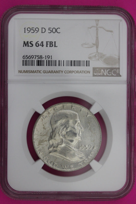 1959 D MS 64 Full Bell Lines Ben Franklin Silver Half Dollar NGC FBL Slab 1174