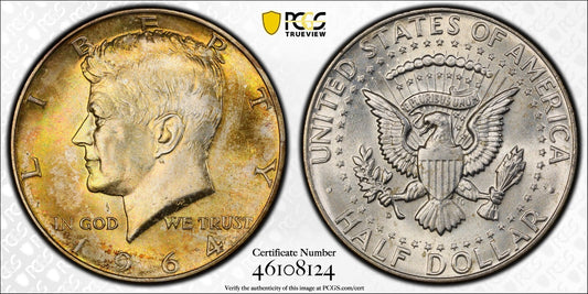 Toned Color 1964 D MS 65 John Kennedy Half Dollar PCGS Graded Authentic Slab 915