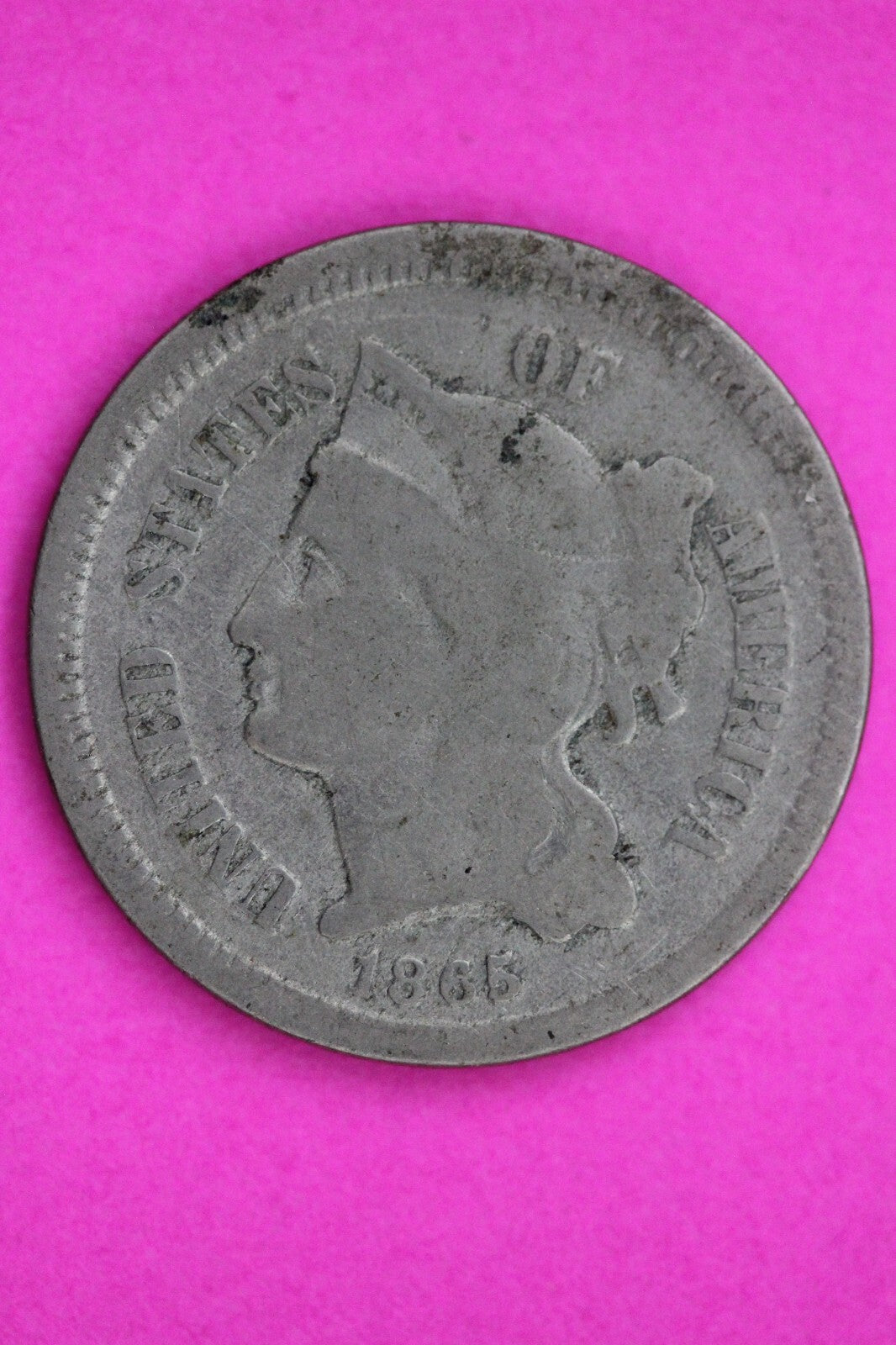 1865 Three 3 Cent Nickel Guaranteed Authentic & Genuine Fast Free Shipping 1307