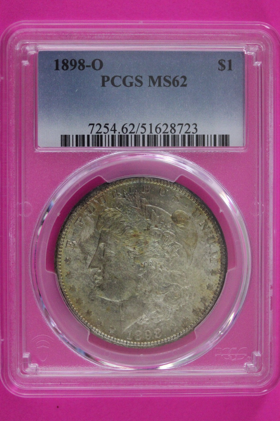 Toned 1898 O MS 62 Liberty Morgan Silver Dollar PCGS Certified Graded Slab 1054