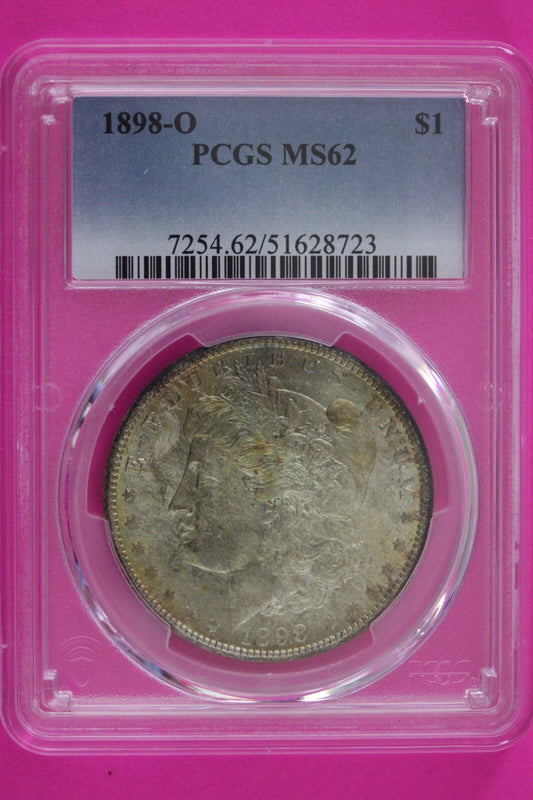 Toned 1898 O MS 62 Liberty Morgan Silver Dollar PCGS Certified Graded Slab 1054