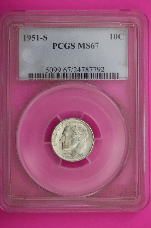 1951 S MS 67 Roosevelt Silver Dime PCGS Certified Graded Authentic Slab Coin 389