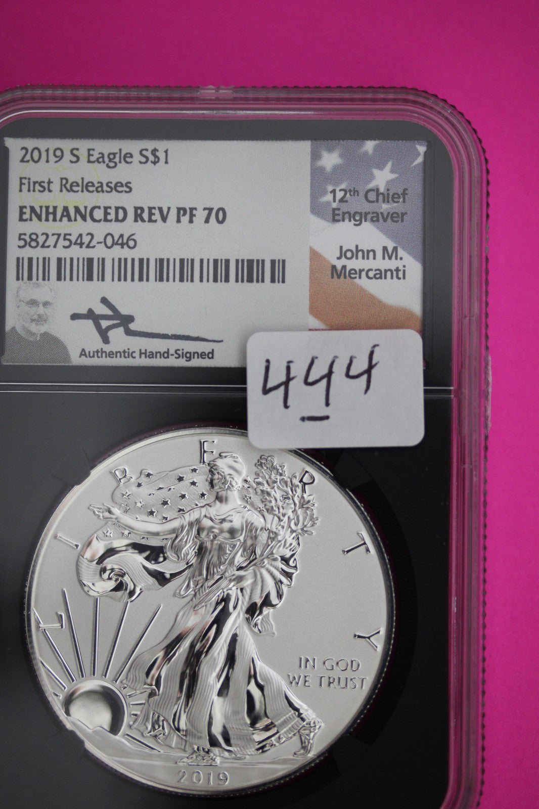 2019 S PF 70 Silver Eagle Enhanced Reverse Proof Mercanti Hand Signed FR NGC 444