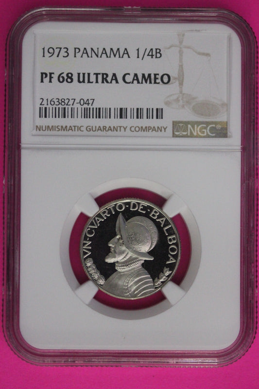 1973 Panama PF 68 Ultra Cameo Proof 1/4 Balboa NGC Graded Certified Slab 1026