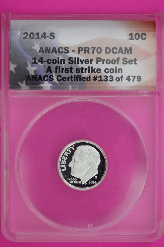 2014 S PR 70 Roosevelt Silver Dime Deep Cameo ANACS Certified Graded Slab 1251