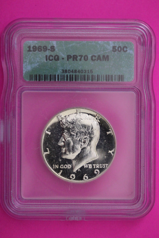 1969 S PR 70 Cameo John F Kennedy Silver Half Dollar ICG Authent Graded Slab 313