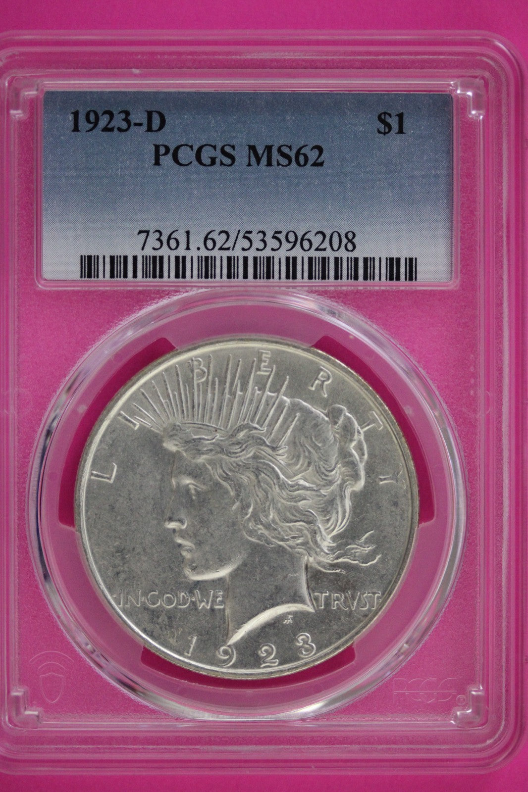1923 D MS 62 Peace Silver Dollar PCGS Graded Certified Authentic Slab 69