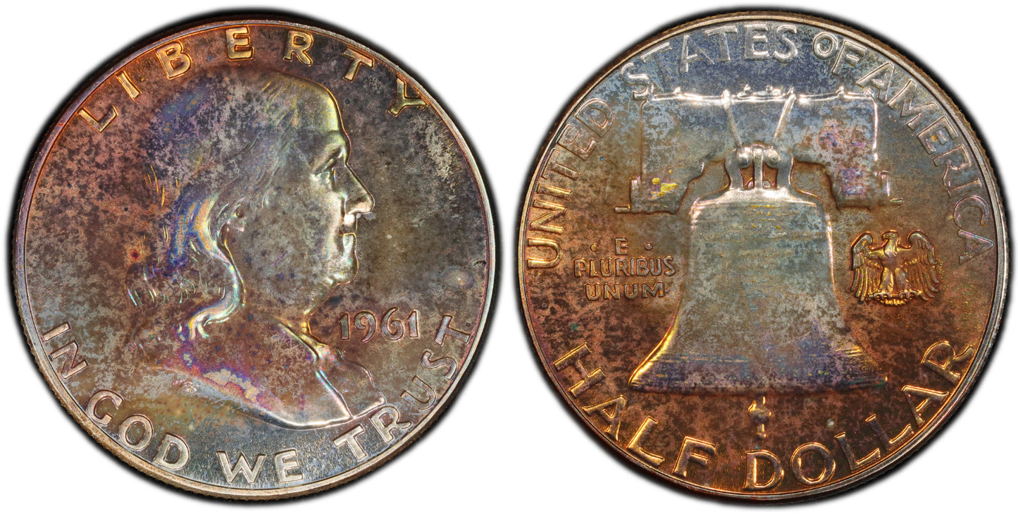 Rainbow Toned 1961 Silver PR 65 Ben Franklin Half NGC Graded Authentic Slab 164