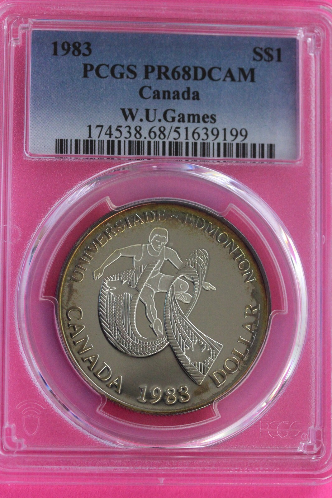 Toned 1983 PR 68 Canada Silver Dollar W.U. Games PCGS Authentic Graded Slab 120