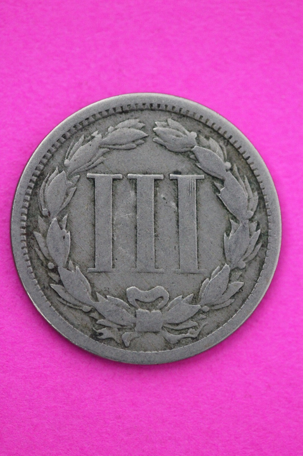 1865 Three 3 Cent Nickel Scarce Semi Key Date Type Coin Philadelphia Mint 194