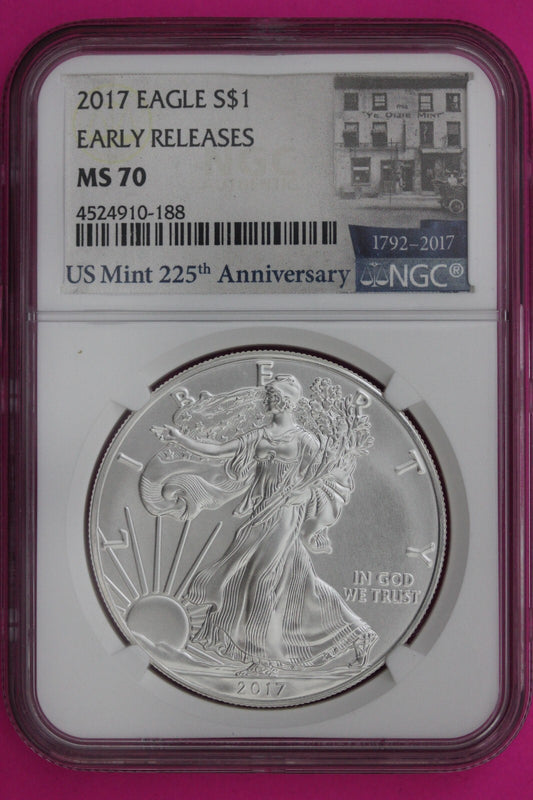 2017 MS 70 Silver Eagle Coin 1 OZ .999 NGC Graded Certified Authentic Slab 520