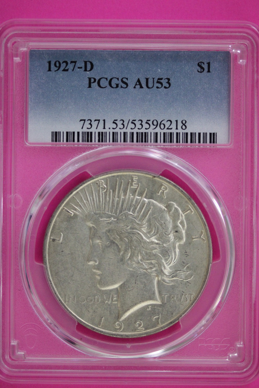1927 D AU 53 Peace Silver Dollar PCGS Graded Certified Authentic Slab 137