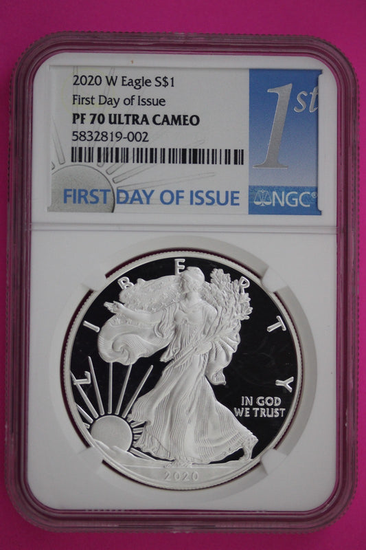 2020 W PF 70 Silver Eagle First Day Of Issue Proof Ultra Cameo 1 OZ NGC Slab 893