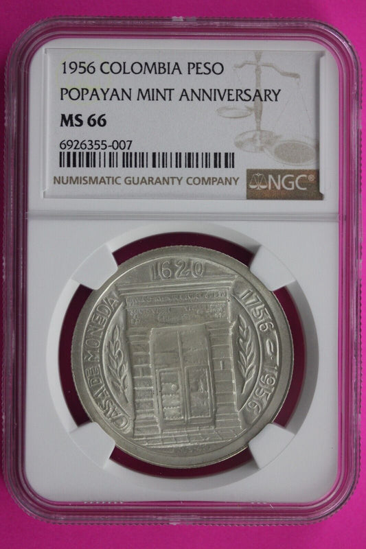 1956 MS 66 Colombia Peso Popayan Mint Anniversary Silver Coin NGC Graded 544