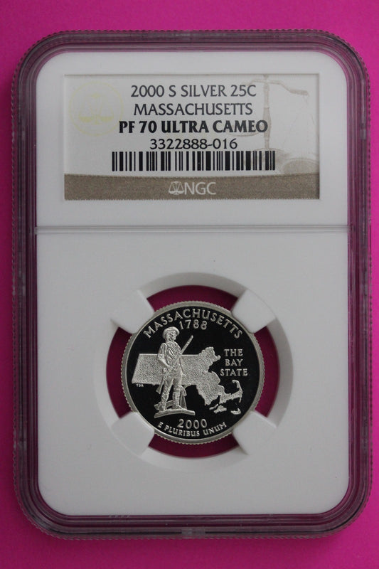 2000 S PF 70 Massachusetts Silver State Quarter NGC Certified Authentic Slab 413