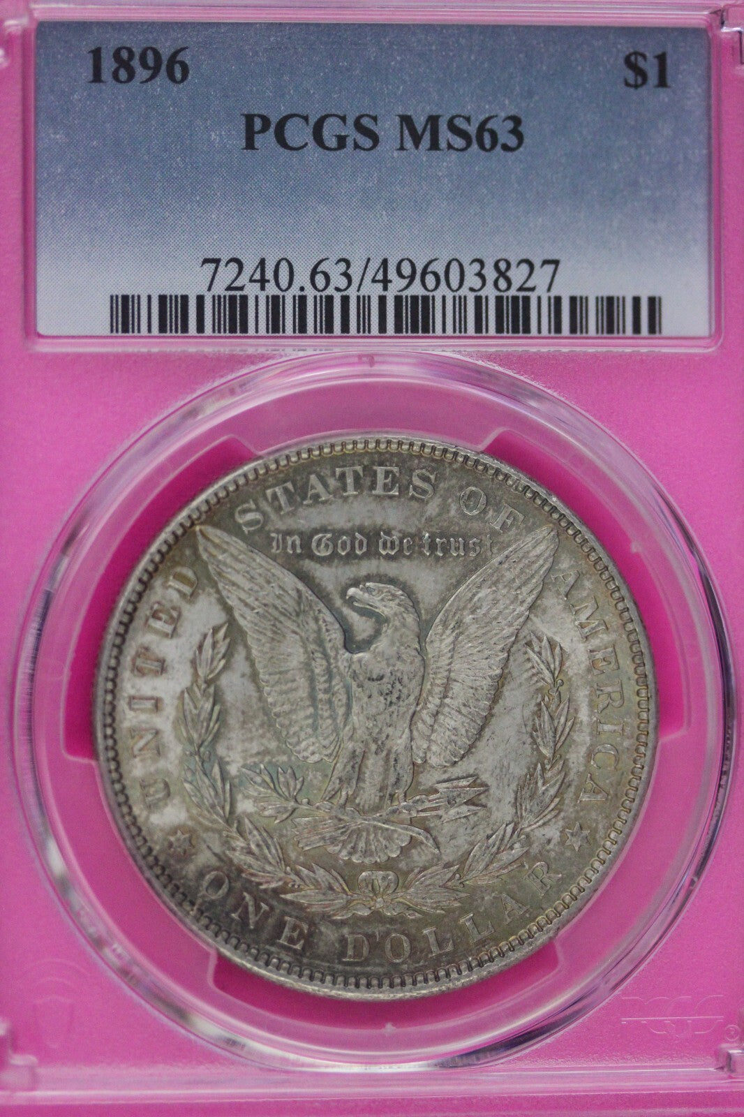 Toned 1896 P MS 63 Morgan Liberty Silver Dollar PCGS Certified Slab 26