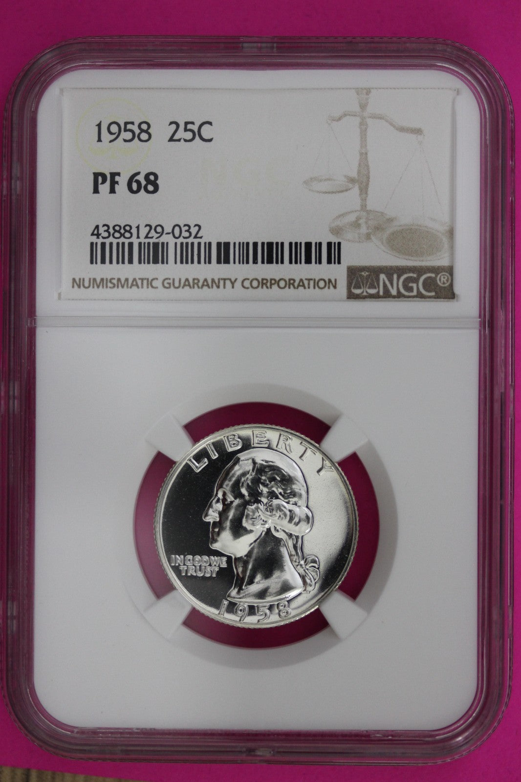 1958 PF 68 Proof Washington Silver Quarter NGC Certified Graded Authentic 1351