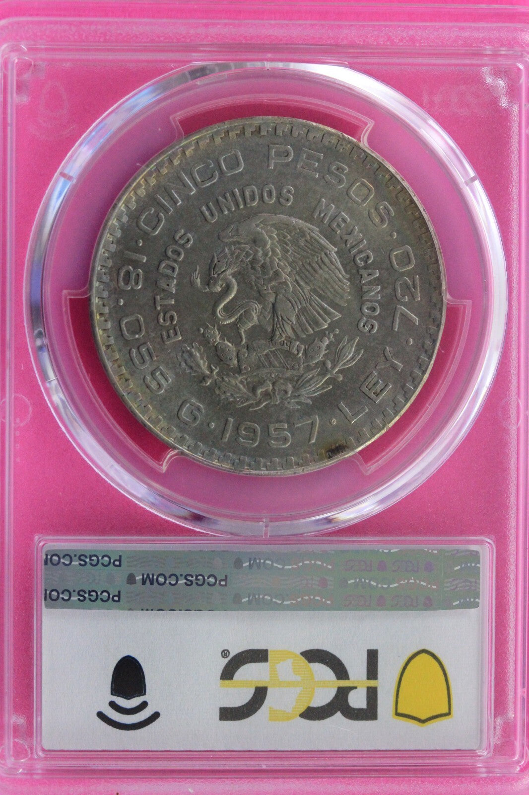 Toned 1957 MS 63 Mexico Constitution Silver Coin 5 Pesos PCGS Certified Slab 106