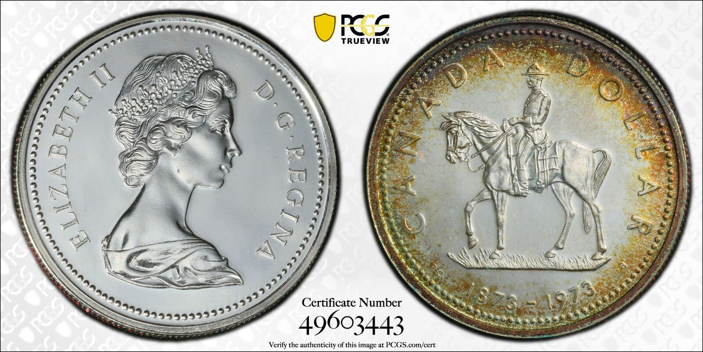 Golden Toned 1973 SP 65 Canada RC Mounted Police Silver Dollar PCGS Graded 739