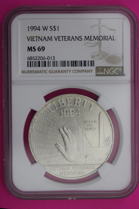 1994 W MS 69 Vietnam Veterans Memorial Commemorative Silver Dollar NGC Slab 305