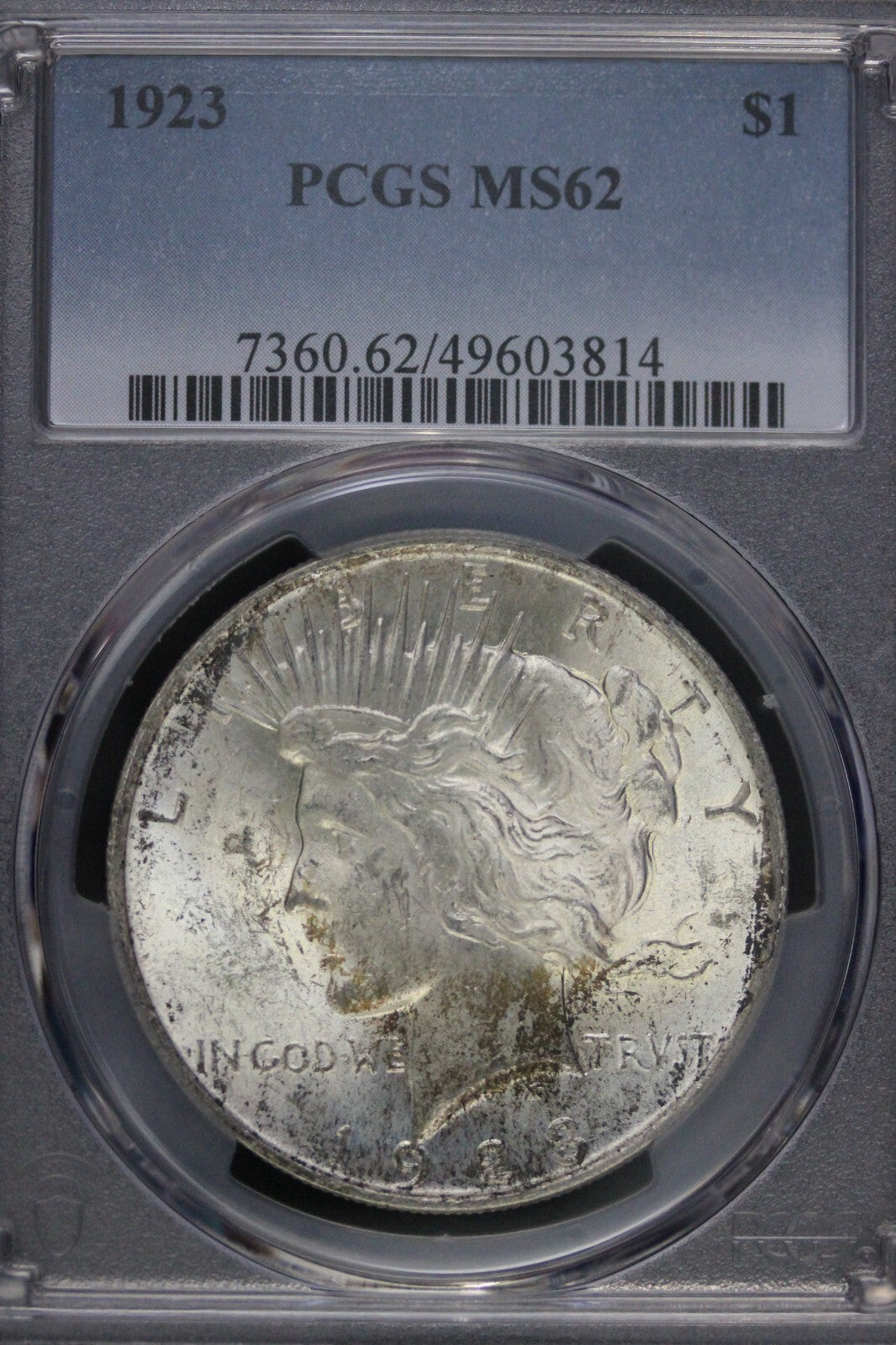 Toned 1923 P MS 62 Peace Silver Dollar PCGS Graded Certified Authentic Slab 65