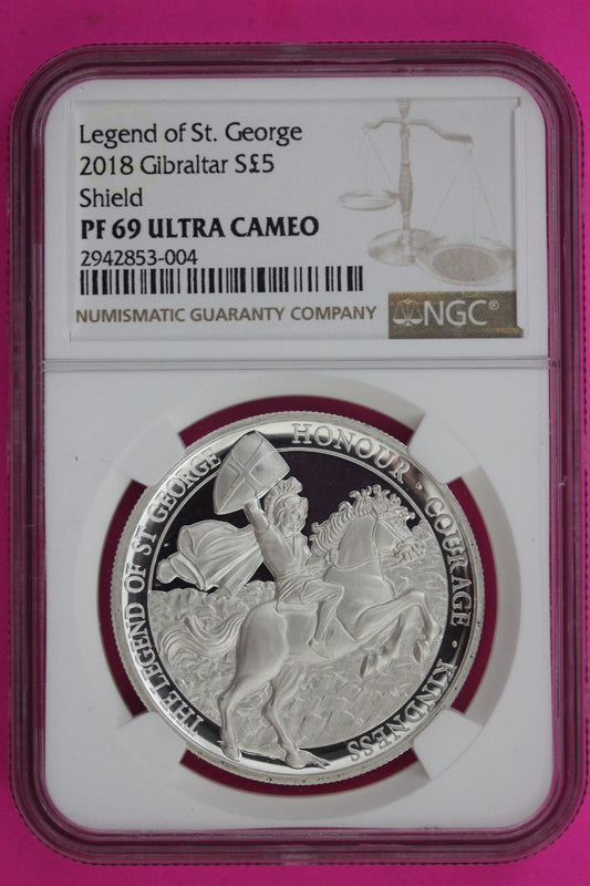 Top Pop 2018 PF 69 Ultra Cameo Gibraltar Legend of St George Shield 5LB NGC 1308