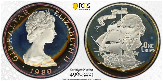 Toned 1981 PR 68 DCAM Crown Gibraltar Admiral Nelson Battle Trafalgar PCGS 555