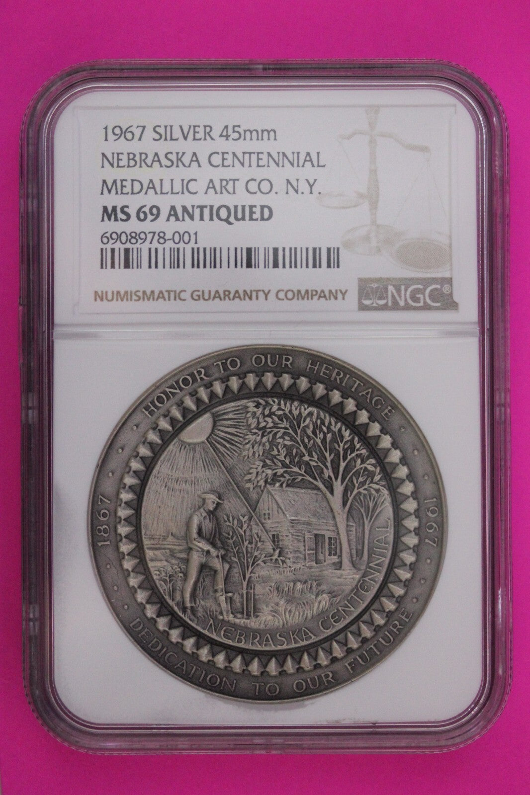 Antiqued 1967 MS 69 Nebraska Centennial Medallic 1.9 Ounce Silver Medal NGC 6045