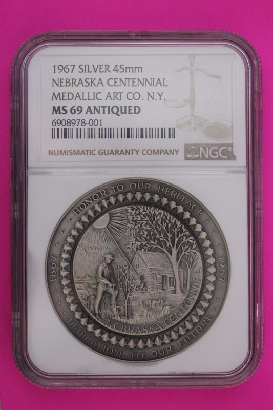 Antiqued 1967 MS 69 Nebraska Centennial Medallic 1.9 Ounce Silver Medal NGC 6045