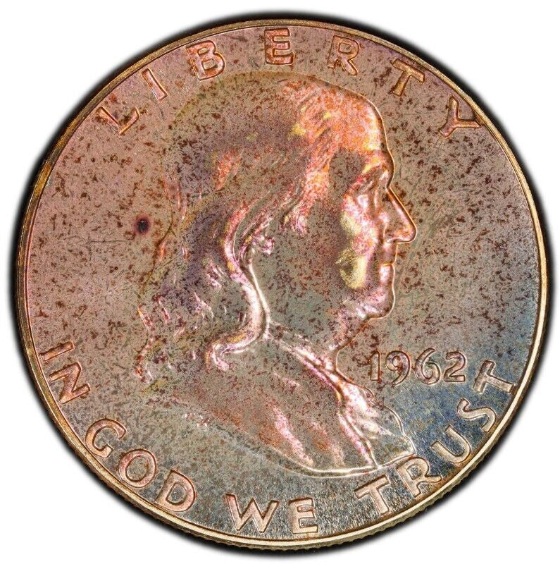 Rainbow Toned 1962 Silver PR 65 Ben Franklin Half PCGS Graded Authentic Slab 171
