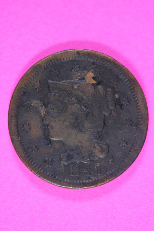 Major Lamination Mint Error 1847 Large Cent Braided Hair Rare Early Type Coin 15