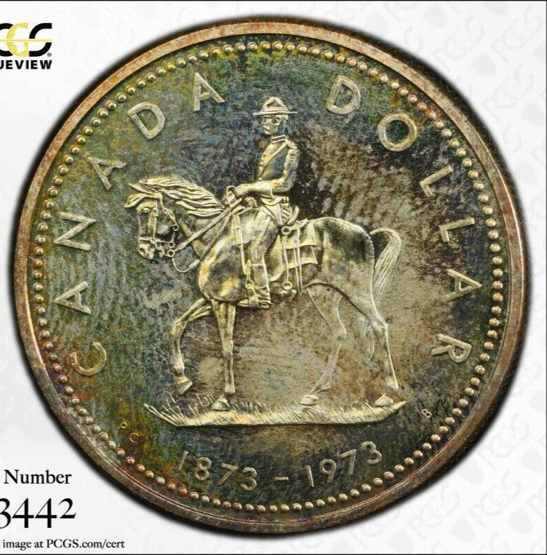 Golden Toned 1973 SP 66 Canada RC Mounted Police Silver Dollar PCGS Graded 740
