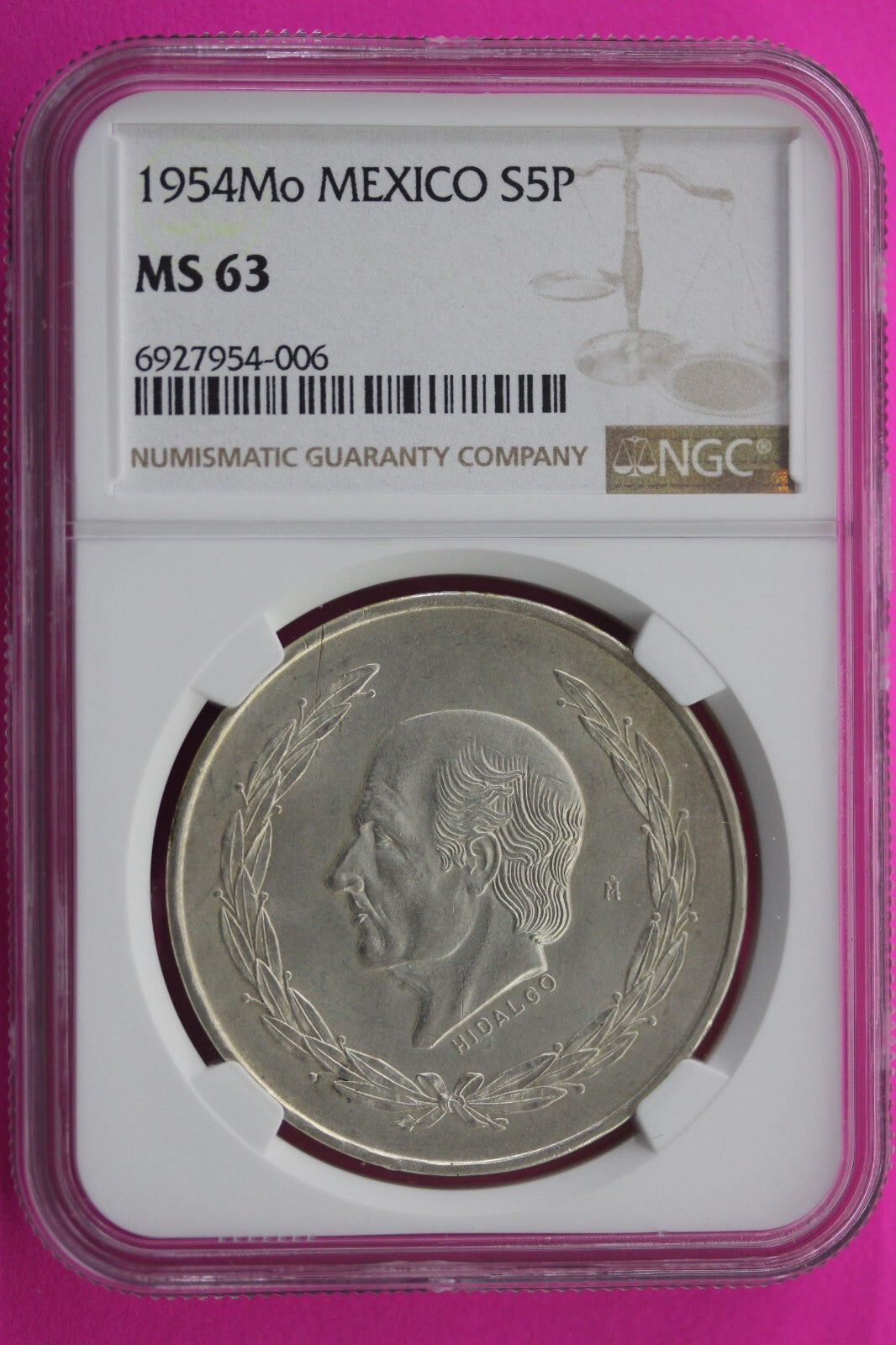 1954 MS 63 Mexico 5 Pesos Silver Coin NGC Certified Graded Authentic Slab 168