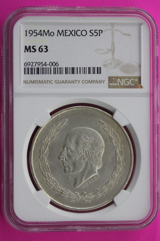 1954 MS 63 Mexico 5 Pesos Silver Coin NGC Certified Graded Authentic Slab 168