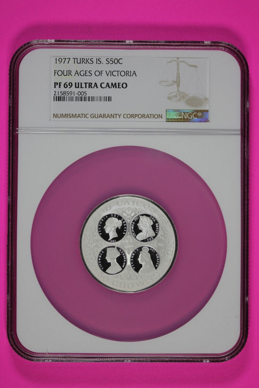 Top Pop Finest Known 1977 PF 69 Turks 50 Cr 4 Ages Of Victoria Silver NGC 7024