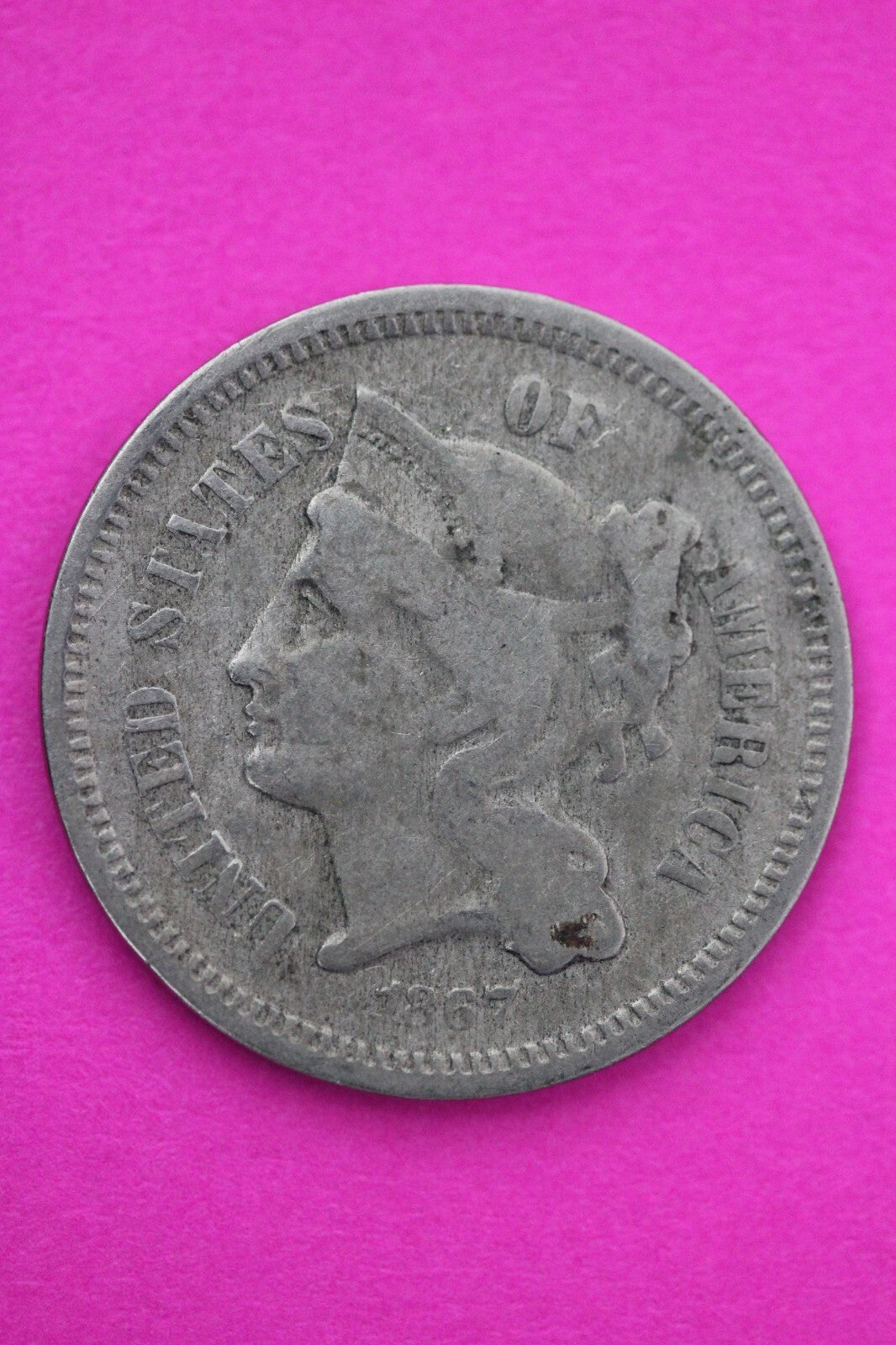 1867 Three 3 Cent Nickel Scarce Semi Key Date Type Coin Philadelphia Mint 172