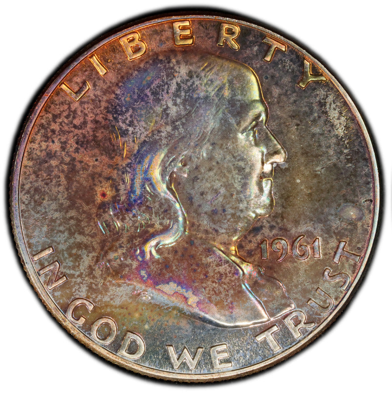 Rainbow Toned 1961 Silver PR 65 Ben Franklin Half NGC Graded Authentic Slab 164