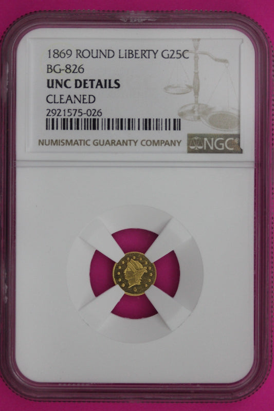 1869 Unc Details Cleaned Indian Gold Token NGC Certified Authentic Genuine 876