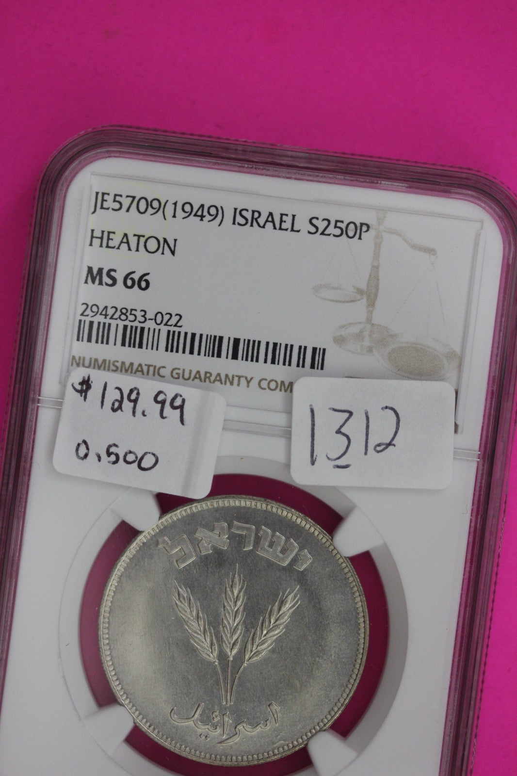 1949 MS 66 Israel Heaton 250 Pruta NGC Certified Graded Authentic Slab 1312