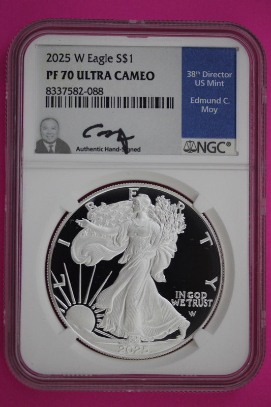 2025 W PF 70 Silver Eagle Moy Signature Proof Ultra Cameo 1 OZ NGC Slab 890