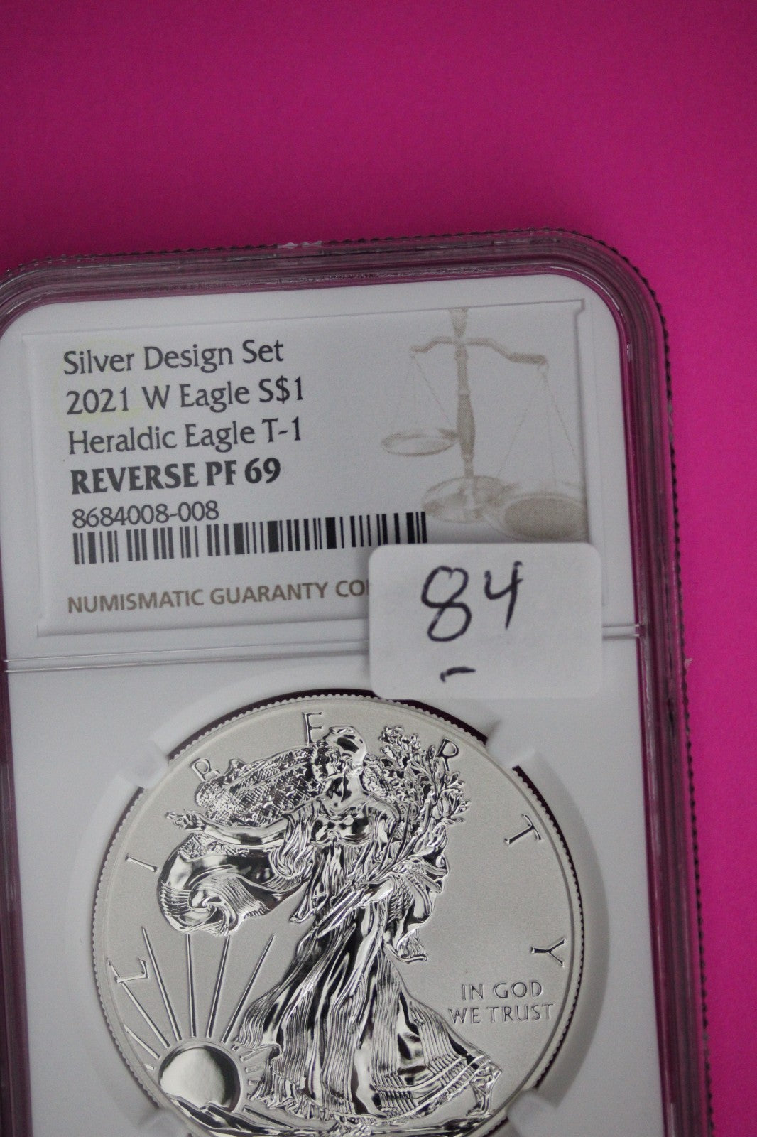 2021 W T1 Reverse Proof Silver Eagle PF 69 One Coin From Design Set NGC Slab 84