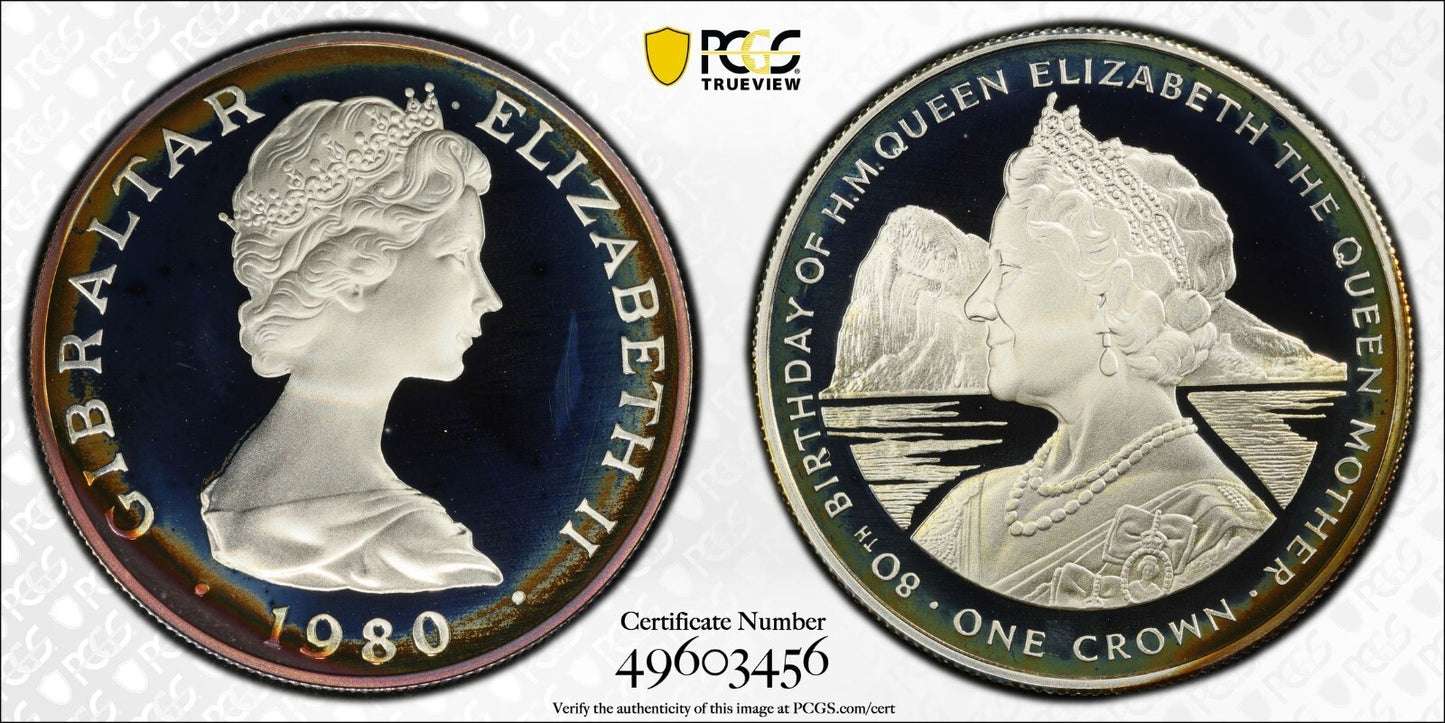 Toned 1980 PR 68 DCAM Crown Gibraltar  PCGS Queen Elizabeth 80th Birthday 506